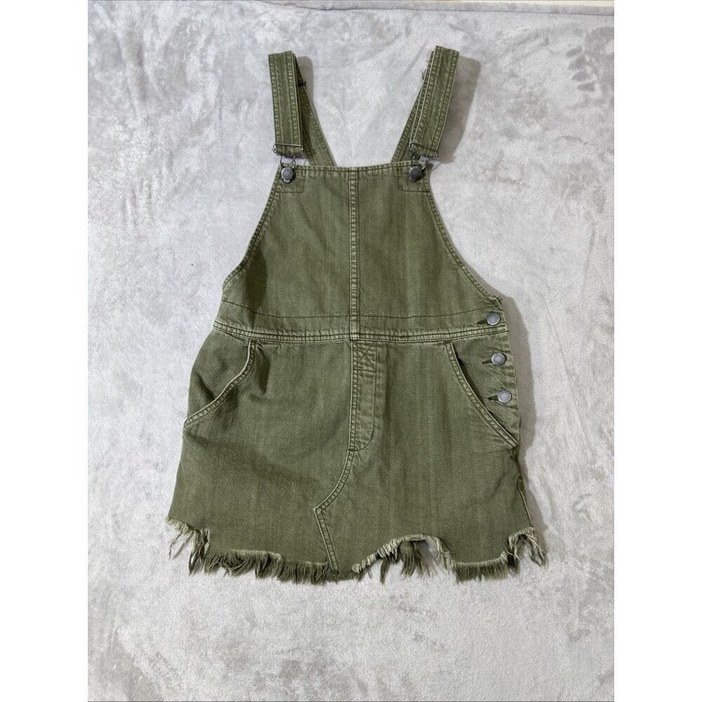 Free People Olive Green Overall Mini Dress Size 6 Frayed Hem